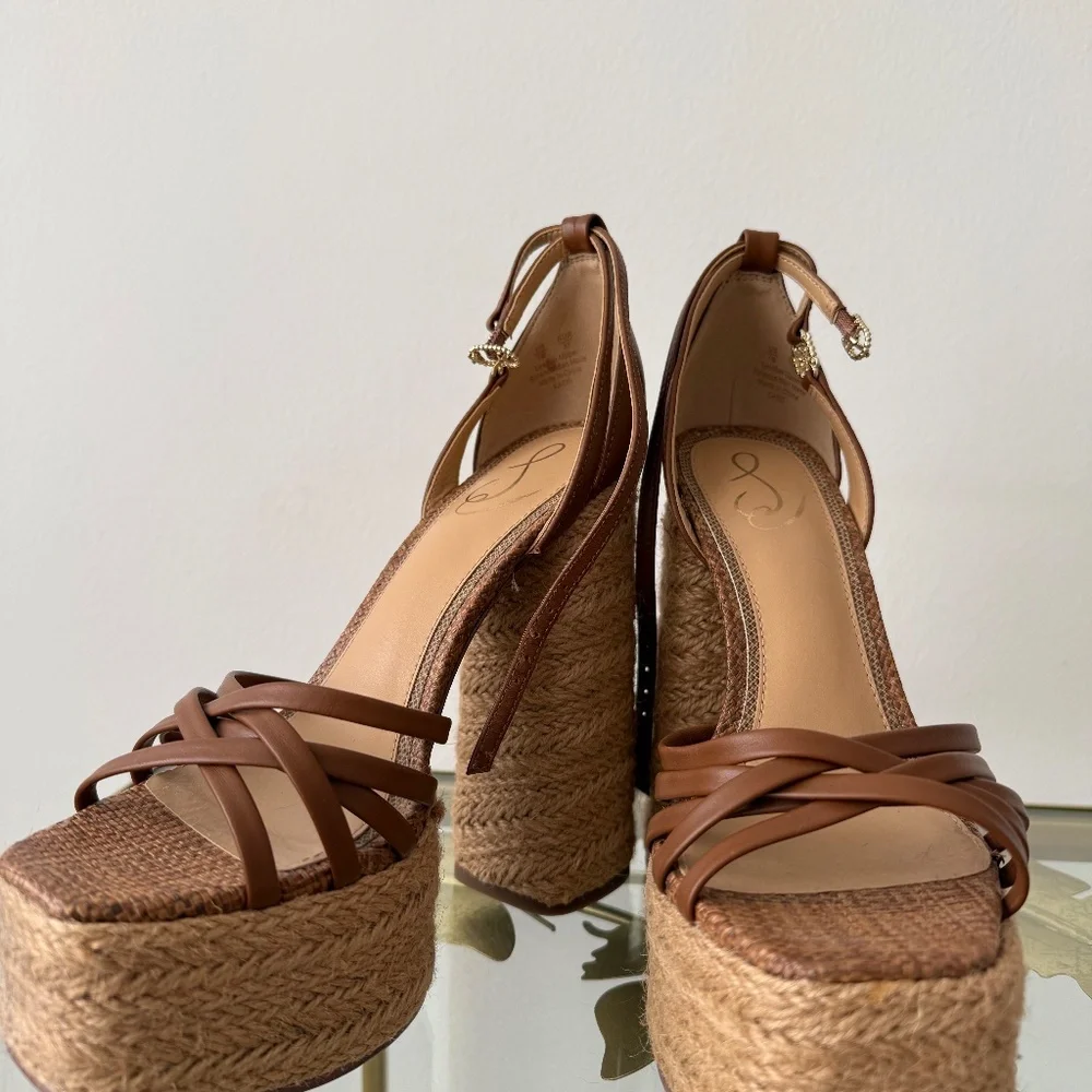 Sam Edelman Kade Cognac Leather Platform Sandals | 5.5" Heel Woven Detail - Picture 2 of 5